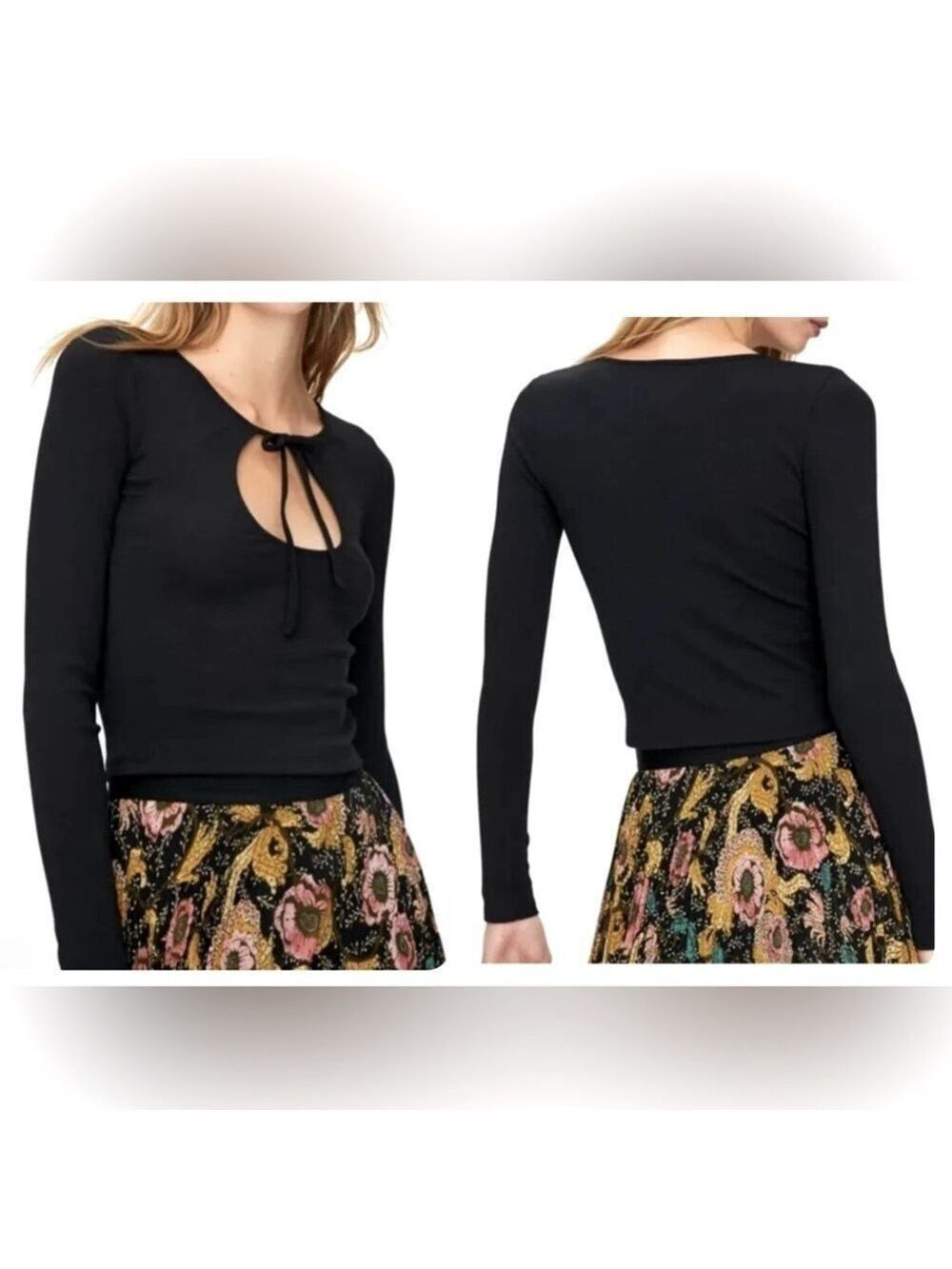 NWOT Aritzia Wilfred Harlequin Black Cropped Cut Out Tie Long Sleeve Top Large